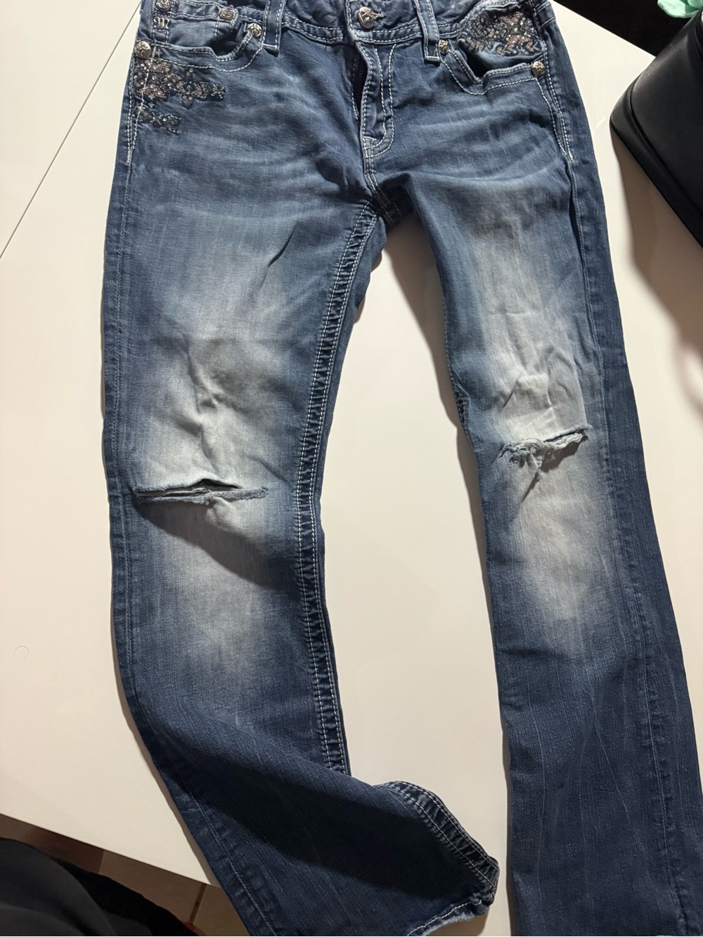 Miss Me Blue Boot Cut Jeans with Knee Distress